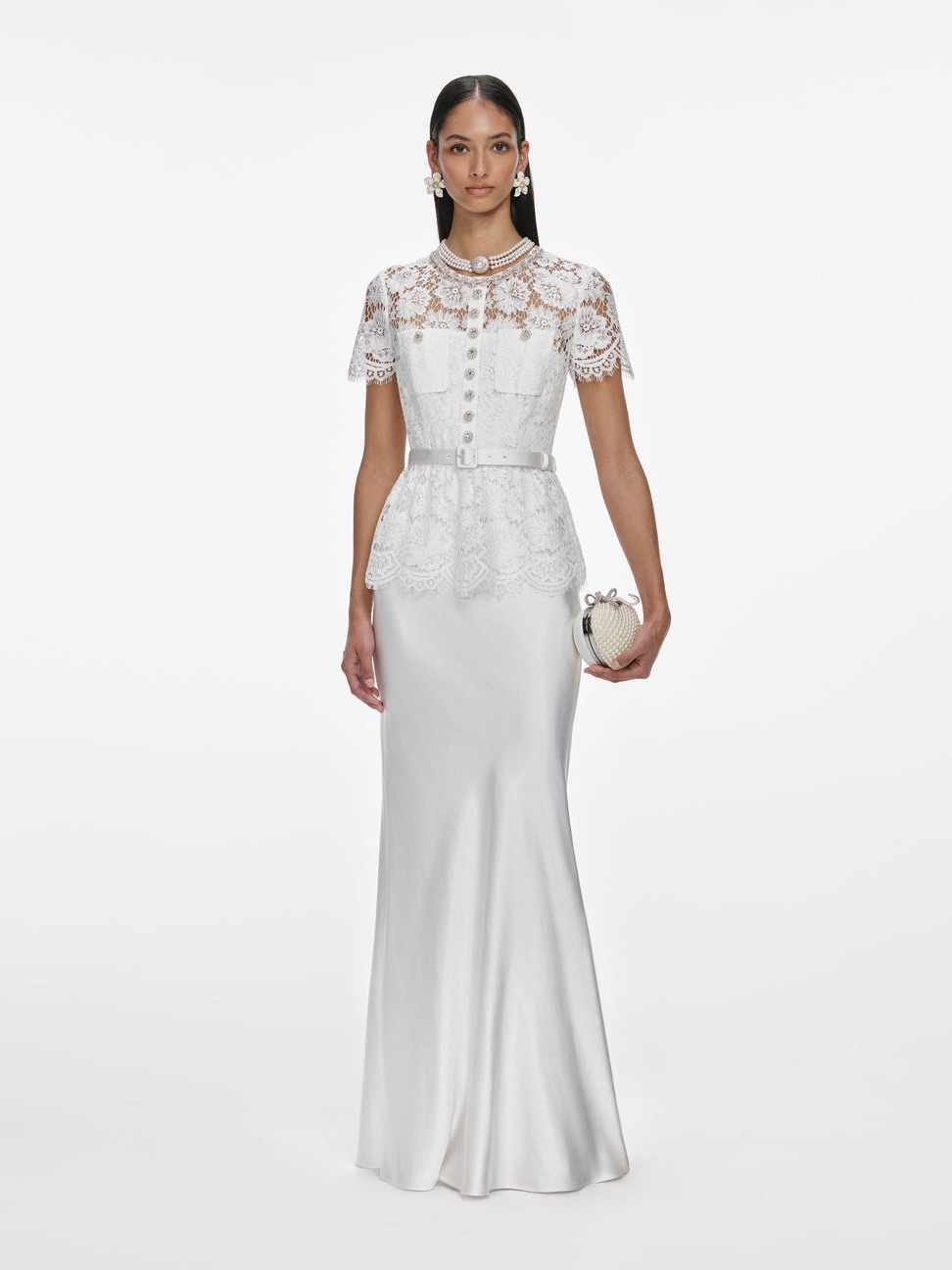 Self-Portrait White Lace Satin Maxi Gown